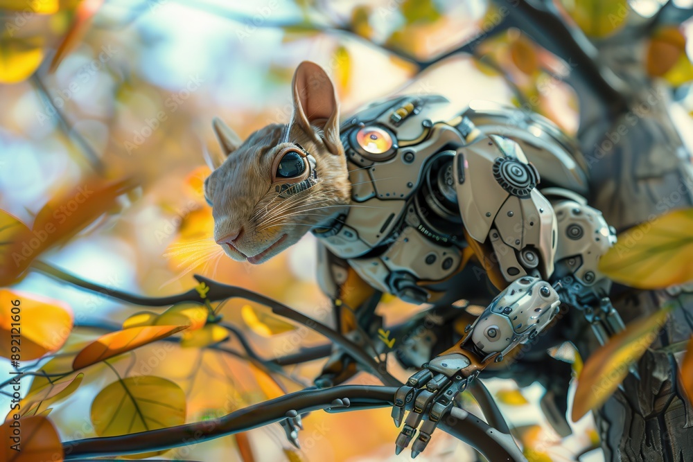 Poster a robot squirrel is perched on a tree branch