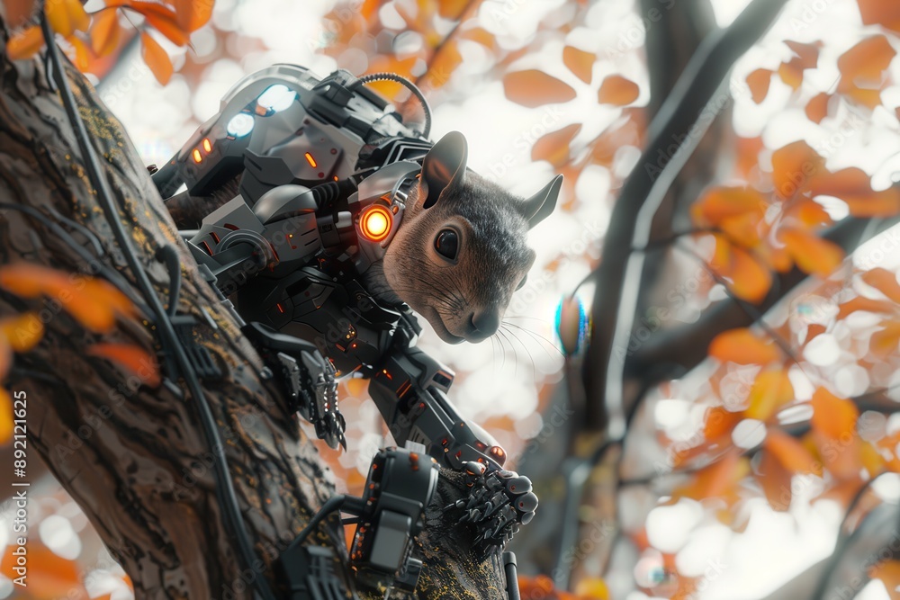 Poster a robot squirrel is perched on a tree branch