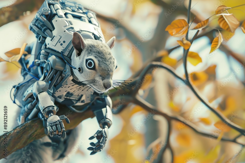 Poster a robot squirrel is perched on a tree branch