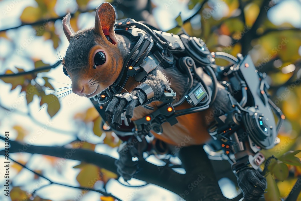 Poster a robot squirrel is perched on a tree branch