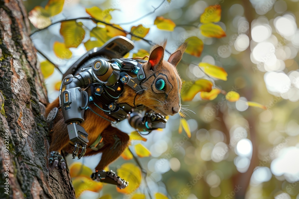 Poster a robot squirrel is perched on a tree branch