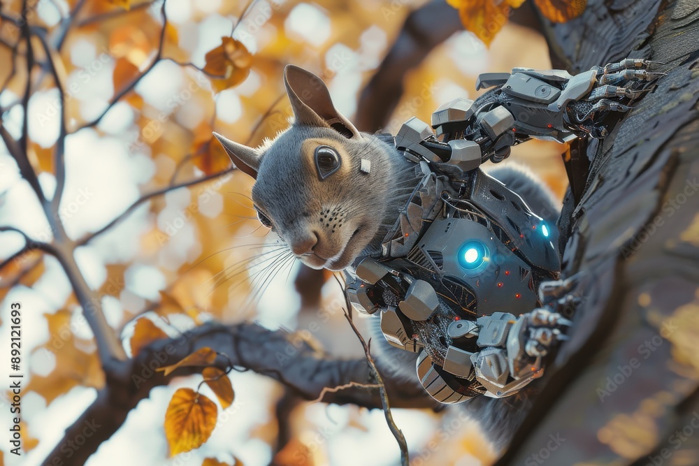 Poster a robot squirrel is perched on a tree branch