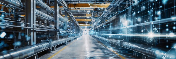 Fototapeta premium The Intelligent Manufacturing Grid: A Futuristic Web of Data Nodes and Automated Machinery Interconnected for Seamless Production.