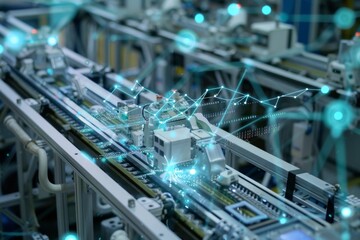 The Intelligent Manufacturing Grid: A Futuristic Web of Data Nodes and Automated Machinery Interconnected for Seamless Production.