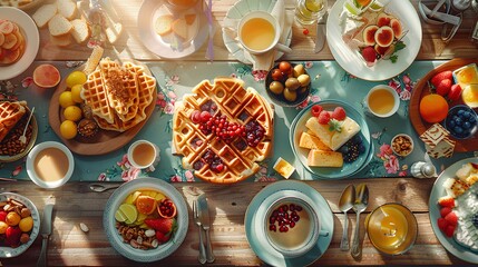 breakfast table full of various dishes. Belgian waffles, jam, nuts, fresh juice, sliced fruits, cheese platter, and a pot of hot coffee on breakfast table.