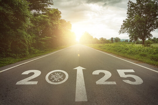 New year 2025 straightforward for digital technology transformation concept. Text 2025 and AI, artificial intelligence technology icon on the road in the middle of asphalt road at sunset. AI adoption.