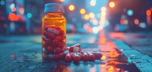 Anytime Meds ready whenever you need it selective focus, 247 availability, ethereal, Composite, night setting