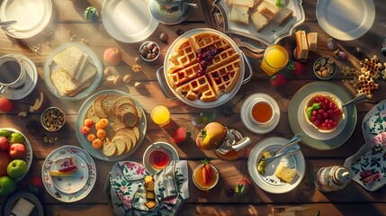 Fototapeta premium breakfast table full of various dishes. Belgian waffles, jam, nuts, fresh juice, sliced fruits, cheese platter, and a pot of hot coffee on breakfast table.