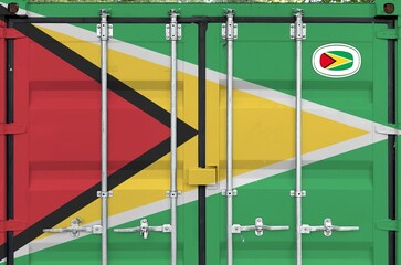 Guyana flag depicted on metal doors of shipping cargo container outdoors in docks area close up