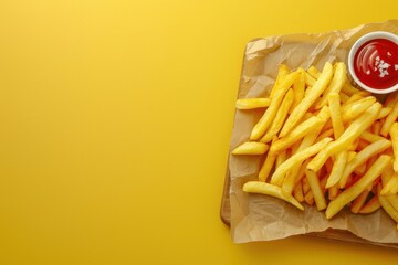 A basket of yellow fries sits on a background