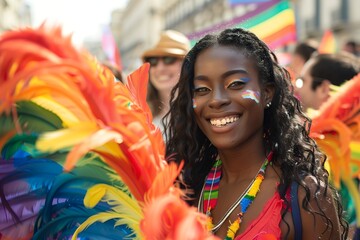 Obraz premium A group of happy people with rainbow flags and feathered wings celebrating at the gay pride in Milan, Italy. In one scene is a young black woman wearing red smiling to the camera. 