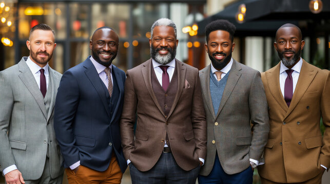 Five diverse businessmen in suits stand side-by-side in front of  blurry background. White, black , African American middle age men with groomed beards smiling , looking at camera 