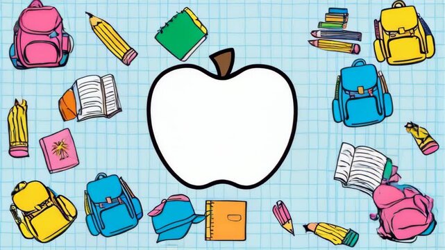 Back to school copy space blank apple in the middle and various colorful school supplies like backpacks, books, pencils against blue grid paper background. Welcome back to schoo