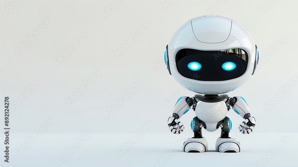 Wall mural A 3D rendering of a small white robot with blue eyes against a white background.