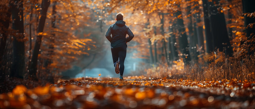 Alone man runner at forest park, the ground covered in fallen autumn leaves. Health life concept. Everyday running 