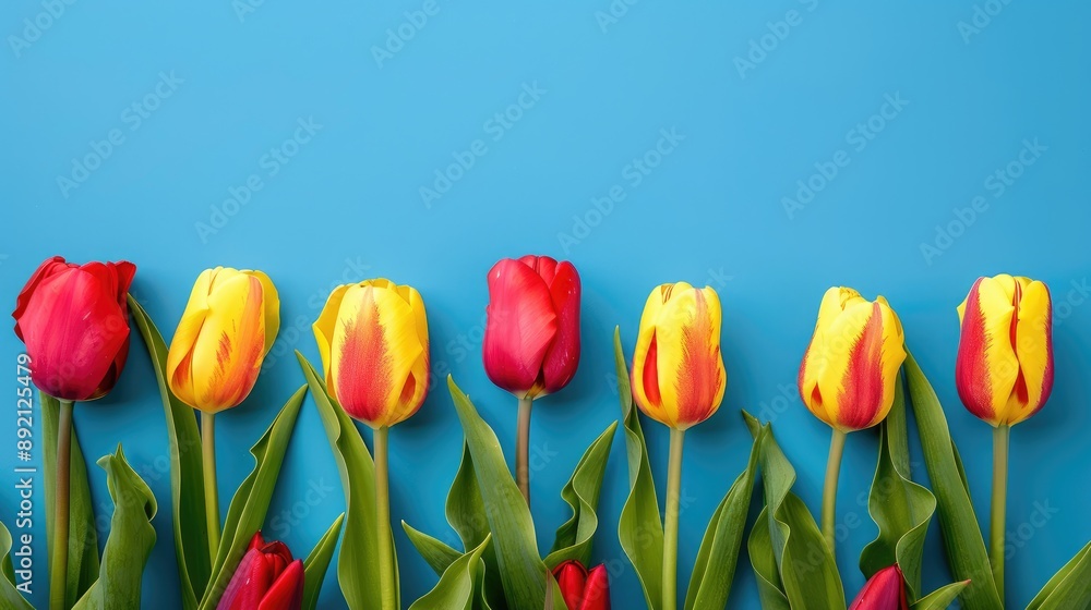 Poster top view of yellow and red tulips on blue backdrop with space for text