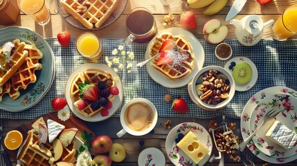 breakfast table full of various dishes. Belgian waffles, jam, nuts, fresh juice, sliced fruits, cheese platter, and a pot of hot coffee on breakfast table.