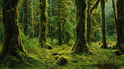 Fototapeta premium Moss growing on tree trunks and branches in a dense forest, --ar 16:9 Job ID: 9ba449f6-9c69-4159-b32c-434b49395230