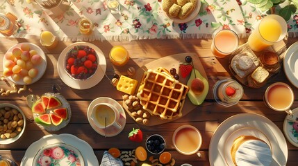 breakfast table full of various dishes. Belgian waffles, jam, nuts, fresh juice, sliced fruits, cheese platter, and a pot of hot coffee on breakfast table.