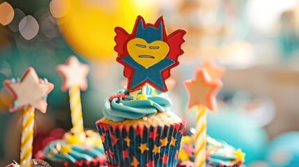 Superhero themed birthday cupcake with a festive cake topper
