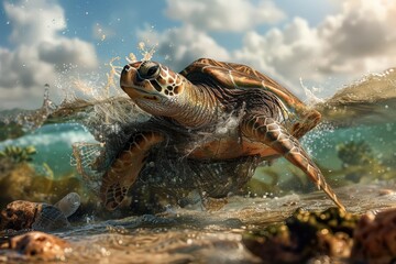 Obraz premium A green sea turtle trapped in a fishing net, highlighting the dangers of plastic pollution.