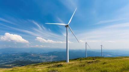 Wind turbines on a sunny hilltop, showcasing renewable energy and sustainable technology