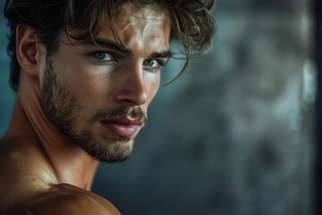 Close-up portrait of a handsome young man with intense blue eyes and a chiseled jawline.