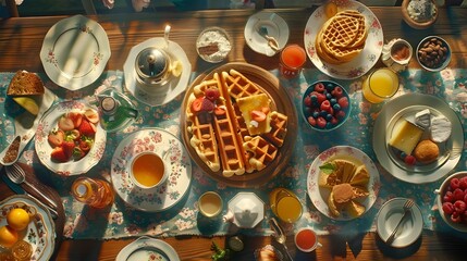 breakfast table full of various dishes. Belgian waffles, jam, nuts, fresh juice, sliced fruits, cheese platter, and a pot of hot coffee on breakfast table.