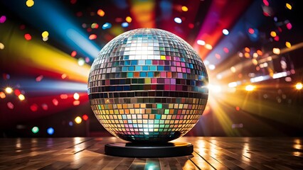 Sparkling disco ball in vibrant colorful lights, party celebration background, festive poster. Generative AI