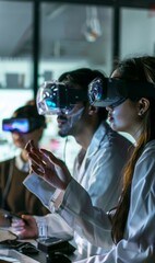 Fototapeta premium Global Collaboration Unleashed in a Virtual Lab, Researchers from Diverse Backgrounds Unite in a High-Tech VR Workspace for Cutting-Edge Innovations.