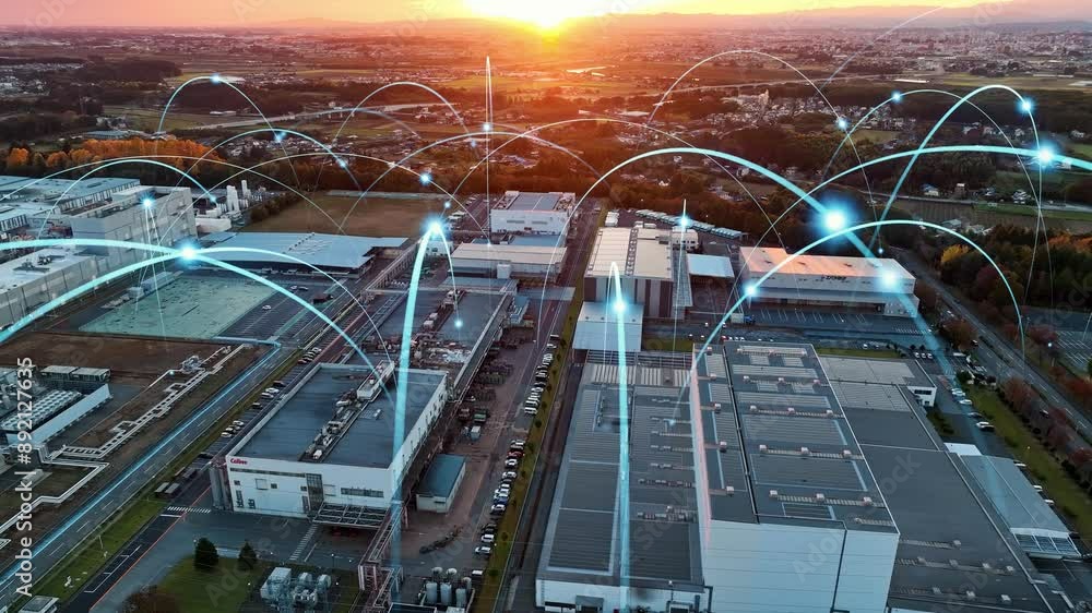Poster composited image of drone aerial view of modern industrial area and communication network concept.