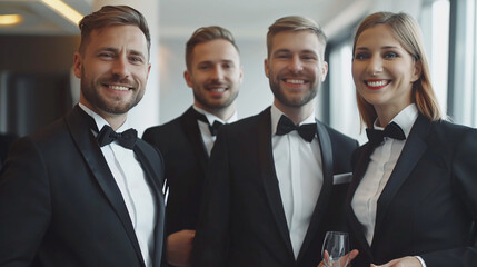 Successful business partners coworking in office: Caucasian leaders in tuxedos gathered in an office setting, collaborating on developing business projects and sharing ideas.