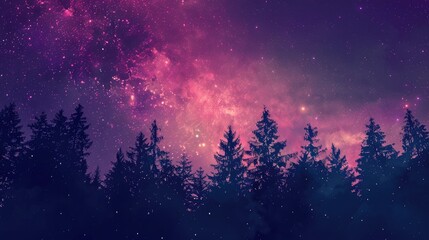 Naklejka premium Beautiful gradient starry sky in cosmic violet and pink hues with forest tree silhouettes, perfect for phone wallpaper