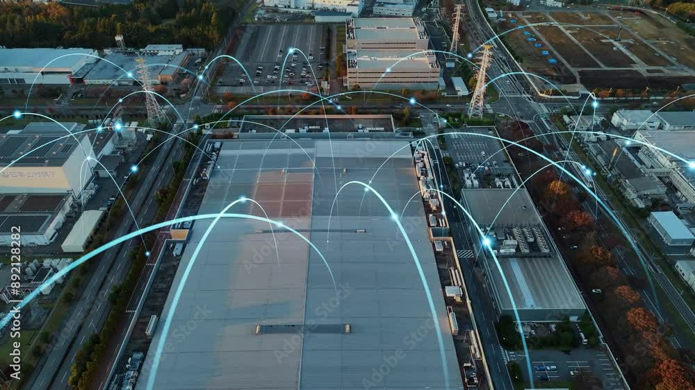 Poster composited image of drone aerial view of modern industrial area and communication network concept.