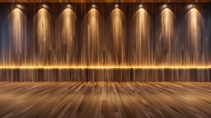 Fototapeta premium Elegant wooden wall and floor with ceiling lights space for text