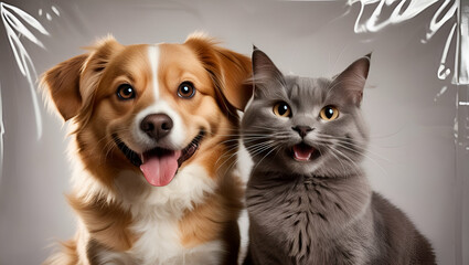 happy mixed breed dog posing with a kitten on his head, Generative AI