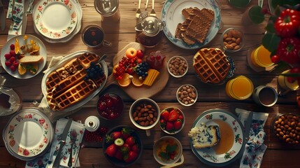 breakfast table full of various dishes. Belgian waffles, jam, nuts, fresh juice, sliced fruits, cheese platter, and a pot of hot coffee on breakfast table.