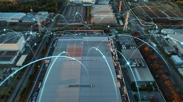 Composited image of drone aerial view of modern industrial area and communication network concept.