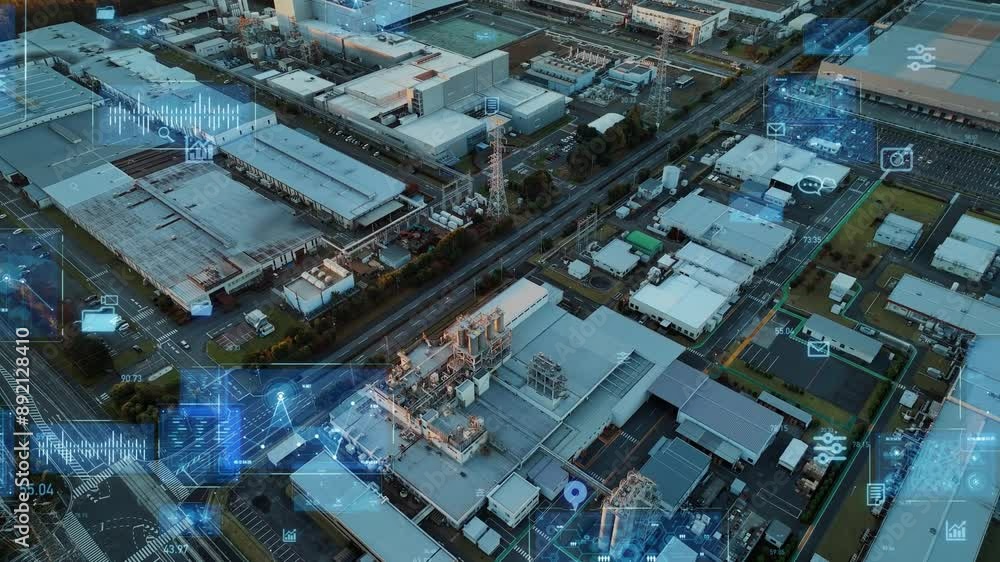 Aufkleber composited image of drone aerial view of modern industrial area and digital technology concept.