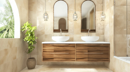 A luxurious bathroom interior featuring a modern vanity with a large mirror, elegant lighting, and stylish decor elements. The design combines minimalist and contemporary styles, creating a sophistica