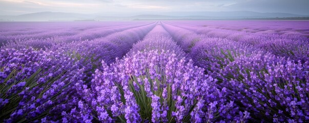 Lavender field in full bloom, purple hues, aromatic fragrance, peaceful countryside, summer day, copy space.