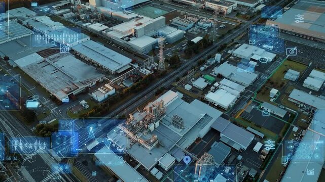 Composited image of drone aerial view of modern industrial area and digital technology concept.