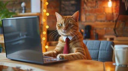 business concept with gold brittish cat costume with necktie and use laptop