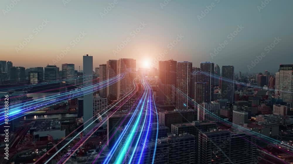 Poster Composited image of drone aerial view of modern city and a path of light leading to the future.