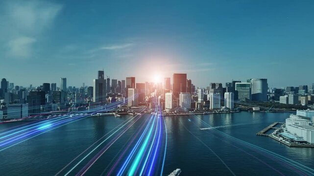 Composited image of drone aerial view of modern city and a path of light leading to the future.
