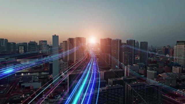 Composited image of drone aerial view of modern city and a path of light leading to the future.
