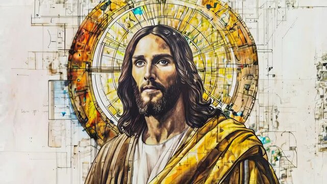 Jesus Christ face portrait in modern city environment in mixed media art stile animation --4k stock video footage AI	