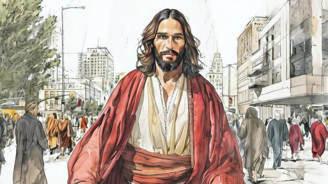 Jesus Christ face portrait in modern city environment in mixed media art stile animation --4k stock video footage AI	