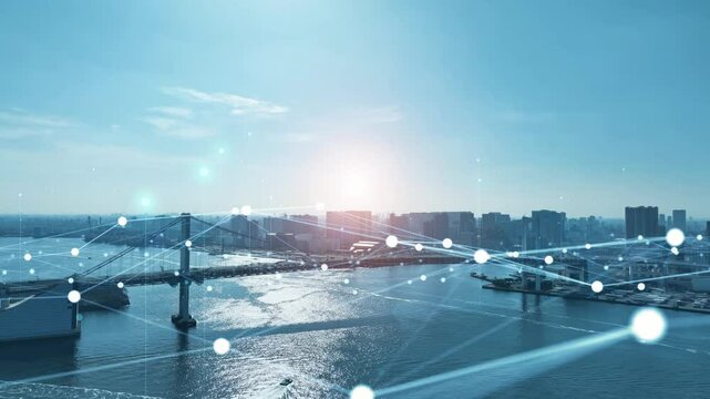 Composited image of drone aerial view of modern city and communication network concept.