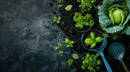 Cabbage and herb seedlings in containers on blue shovel and black soil background gardening theme empty space